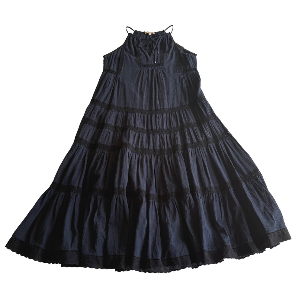 Rebecca Taylor Tiered Shirred‎ Cotton Lace Trim Halter Tie Navy Midi Dress 2